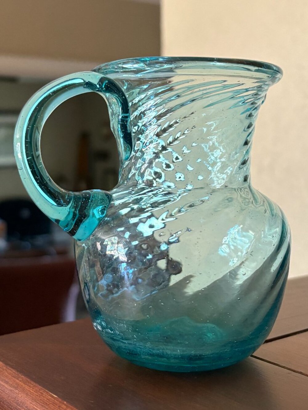 Hand Blown Aqua Glass Pitcher – Coastal Boho Vase